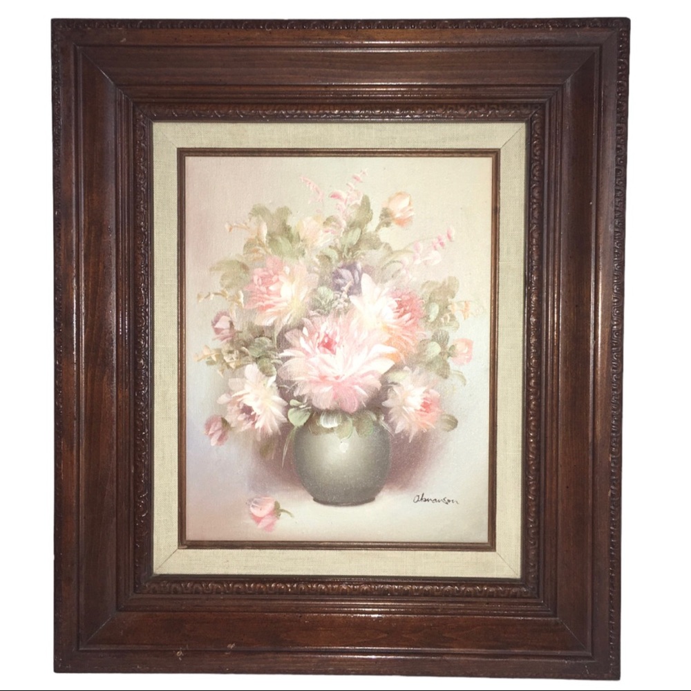 Framed 90's Oil Painting Pink Florals in Green Vase 13" X 16" Abranson